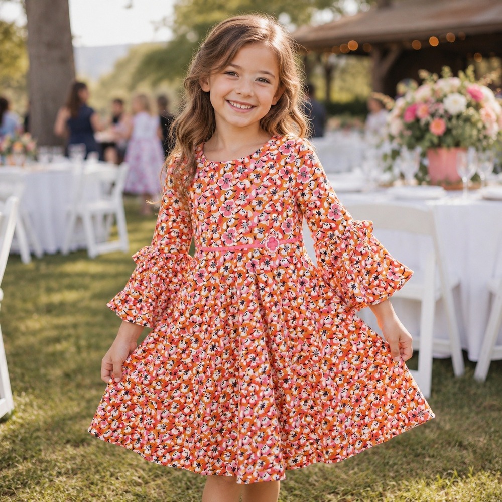 Orchestra Girls Size 10 140cm Orange Pink Floral‎ Bell Sleeve Ruffle Dress Boho